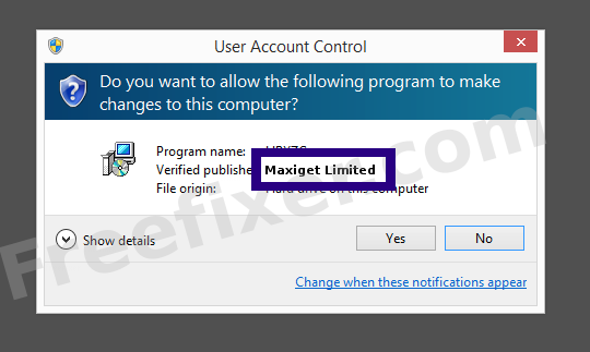 Screenshot where Maxiget Limited appears as the verified publisher in the UAC dialog
